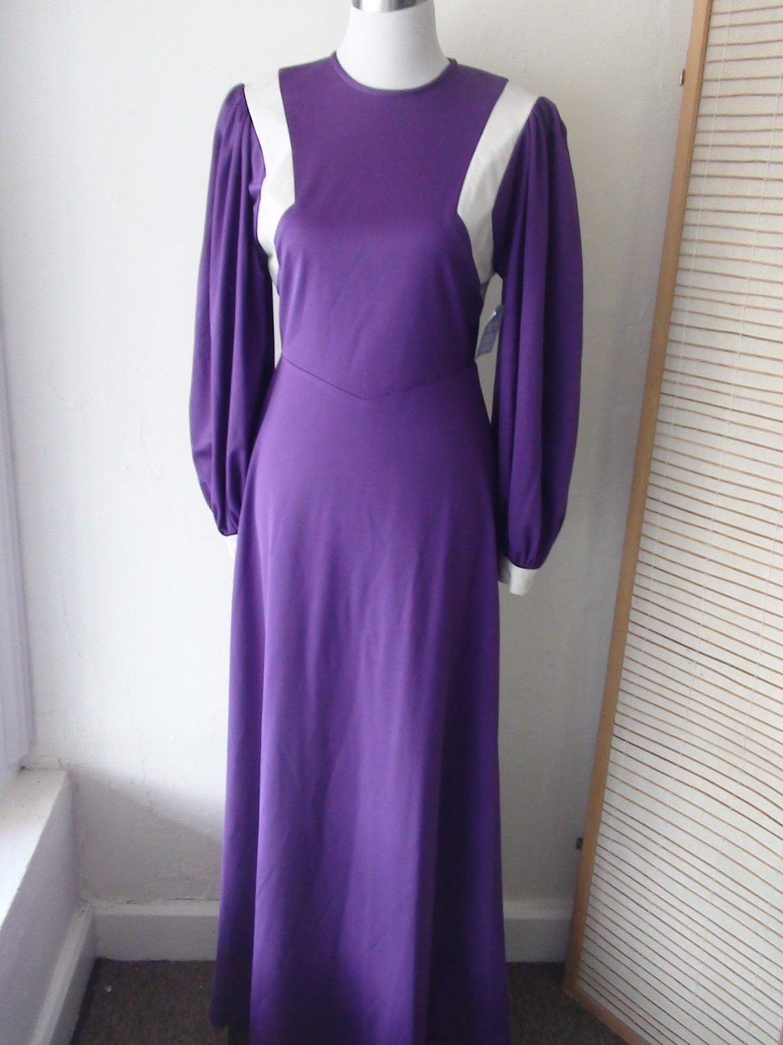 purple and white maxi dress