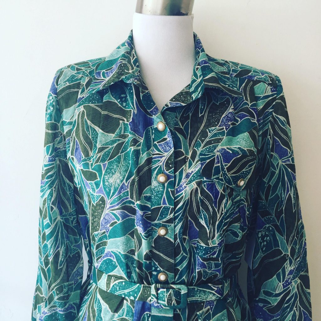 'TOUCH OF CLASS' GREEN/BLUE PATTERNED 1980s DRESS | Chaos Bazaar Vintage