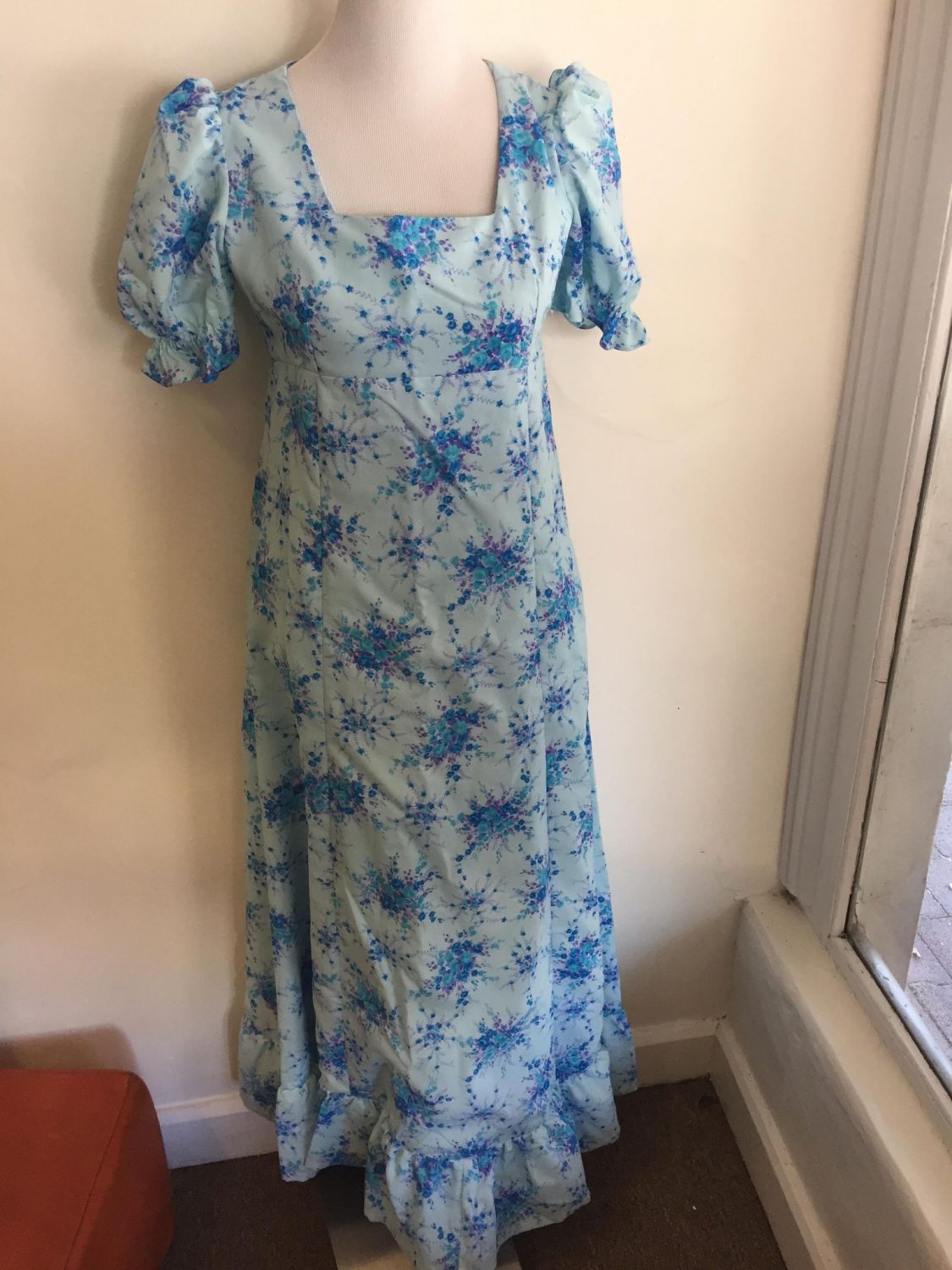 1970s Maxi Dress Blue Floral With Puff Sleeves | Chaos Bazaar Vintage