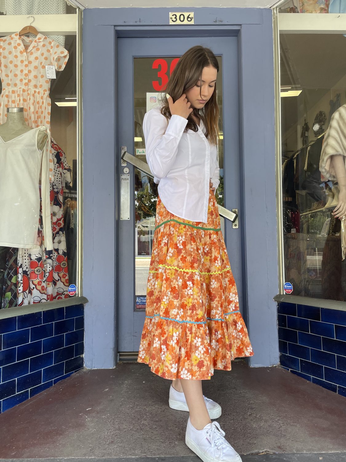 70s Orange and Brown Floral Patterned Tiered Maxi Skirt | Chaos Bazaar Vintage