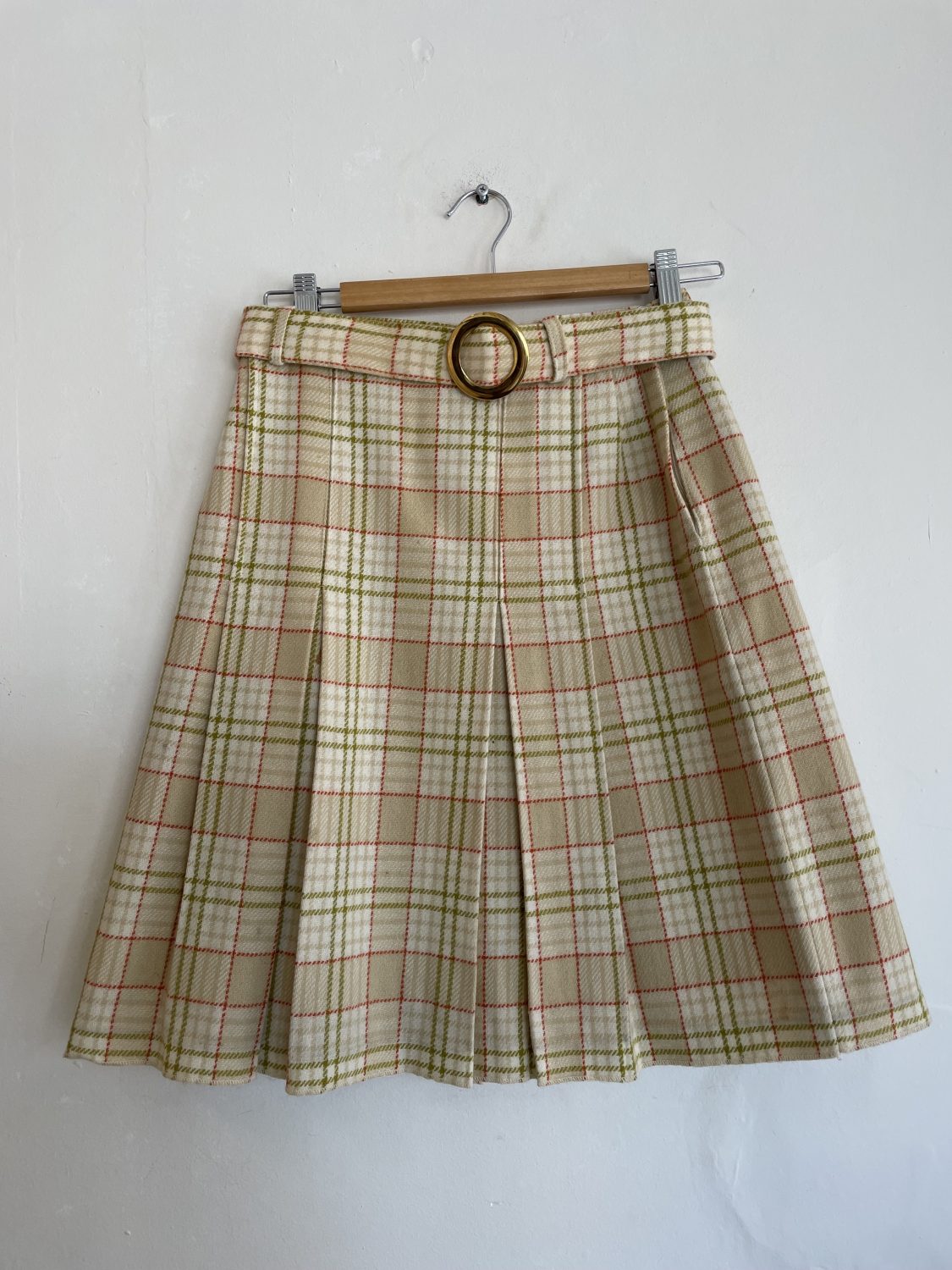 A-LINE VINTAGE WOOL CHECK SKIRT WITH A BELT | Chaos Bazaar Vintage