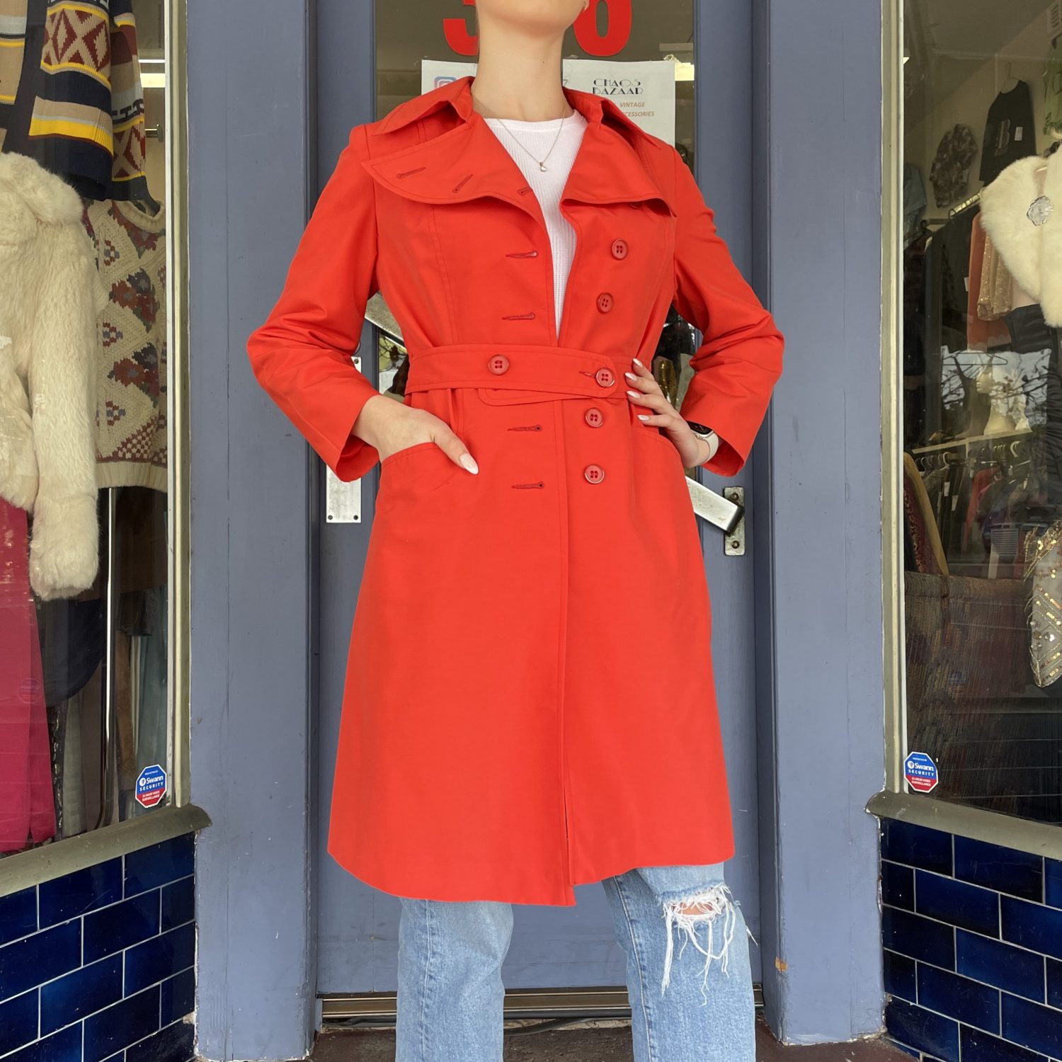 Vintage Bright Red Long Trench-Coat with Belt | Chaos Bazaar Vintage