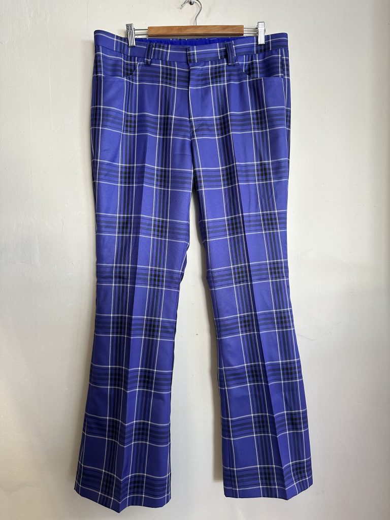 70S INSPIRED MENS PURPLE CHECK 39 INCH PANTS | Chaos Bazaar Vintage
