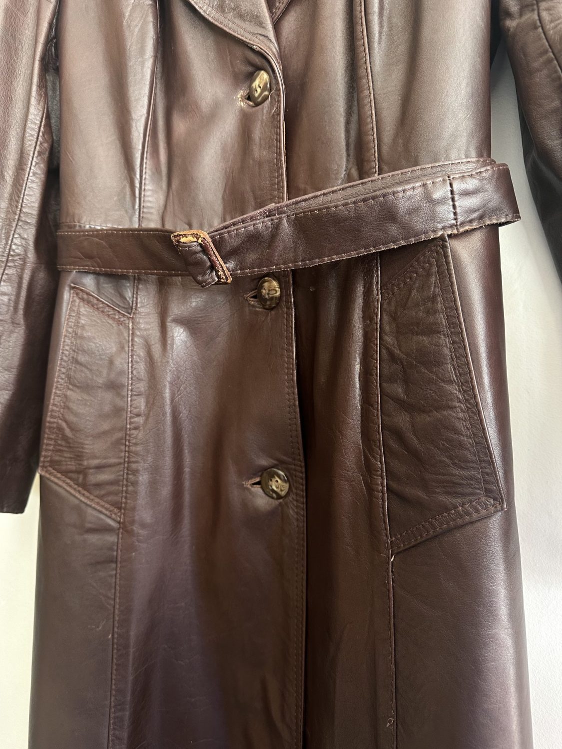 RICH BROWN VINTAGE LONG LEATHER TRENCH COAT | Chaos Bazaar Vintage