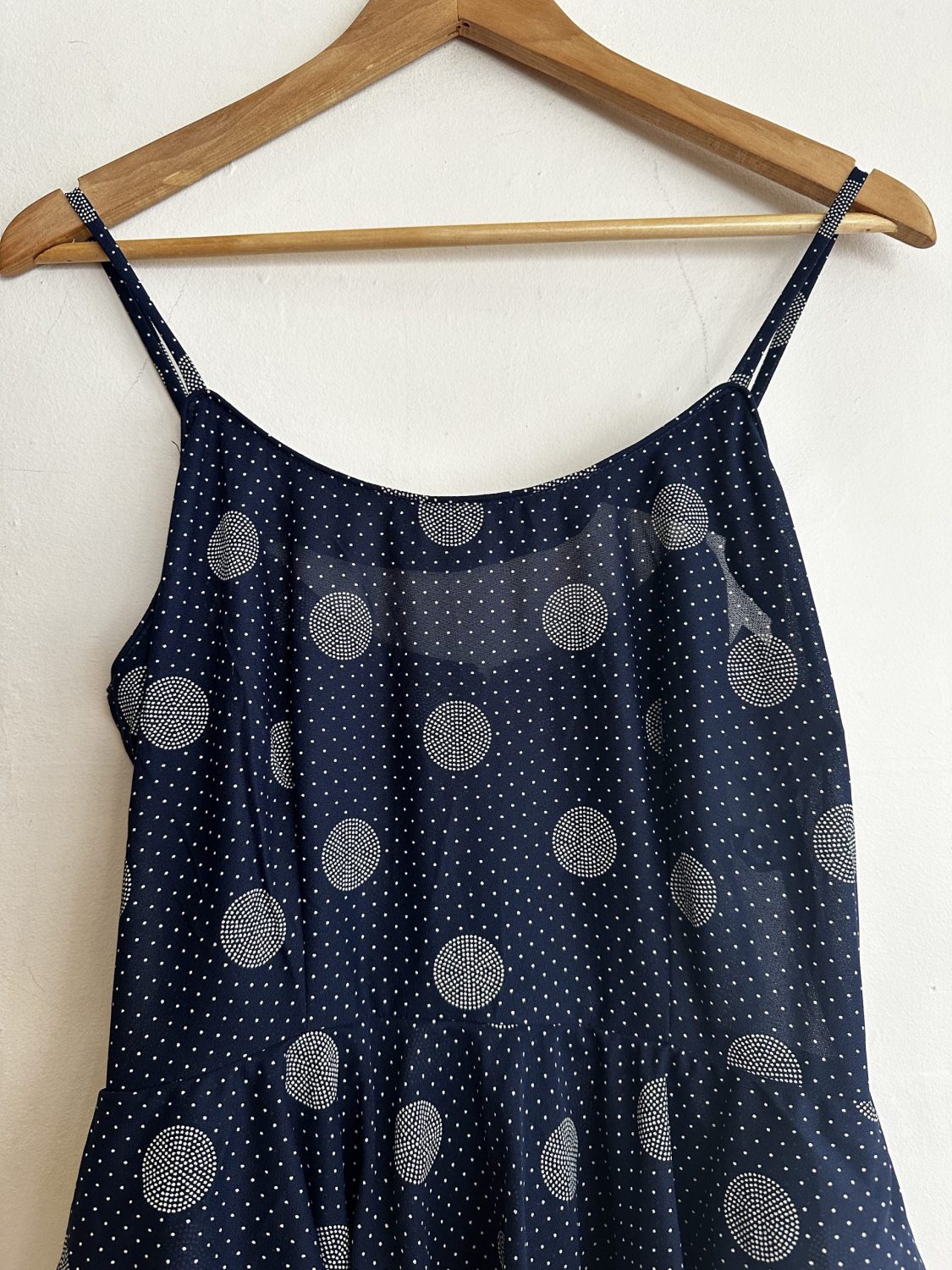 80s LAYERED VINTAGE NAVY BLUE SHOE STRING DRESS WITH CREAM SPOTS ...